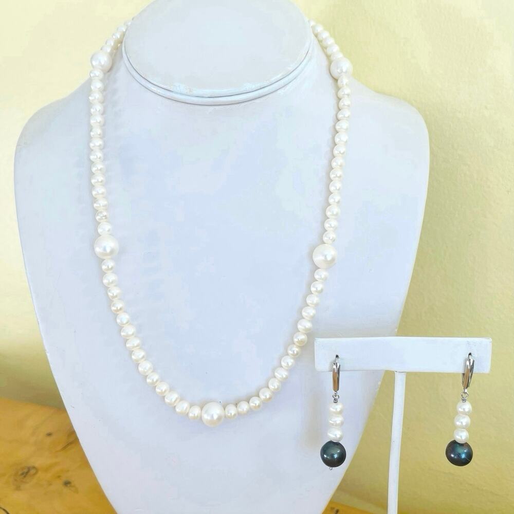 Vtg Freshwater Cultured Pearl NECKLACE EARRINGS Sterling Silver Set Classic